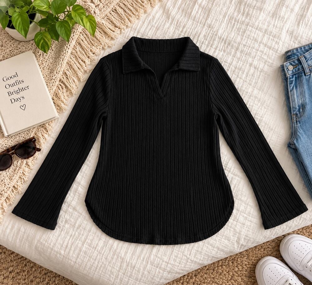 SHEIN Curve Women’s 0XL Black Ribbed Collared Long Sleeve Top Y2K